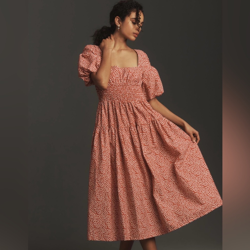 By Anthropologie | Puff-Sleeve Smocked Poplin Midi Dress NWT